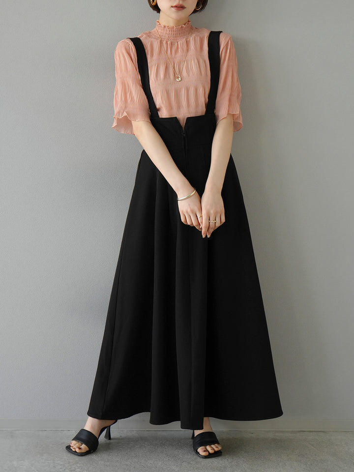 [SET] Shirring chiffon half sleeve blouse + 2WAY flare jumper skirt (2set)