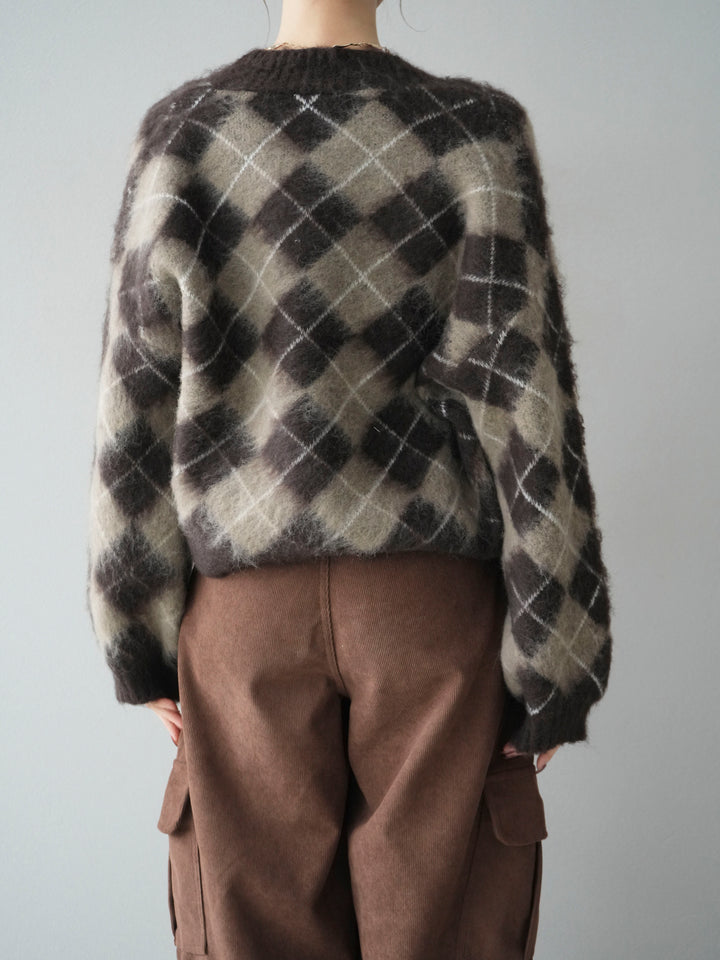 [予約]アーガイルシャギーニットカーディガン/brown