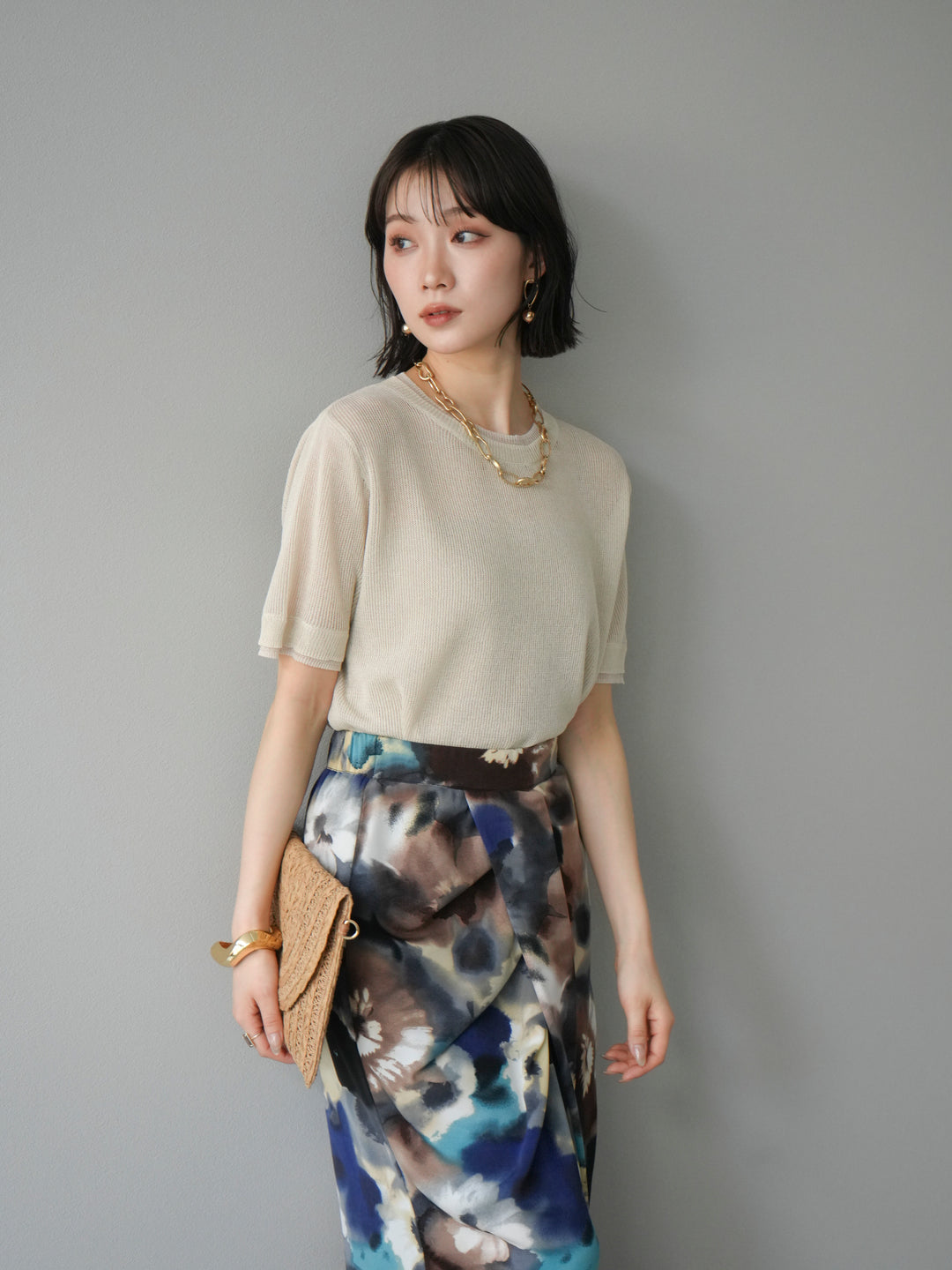 [SET]リネンタッチ配色二重臼ハーフニットトップス+選べるアソート柄スカートセット(2set)