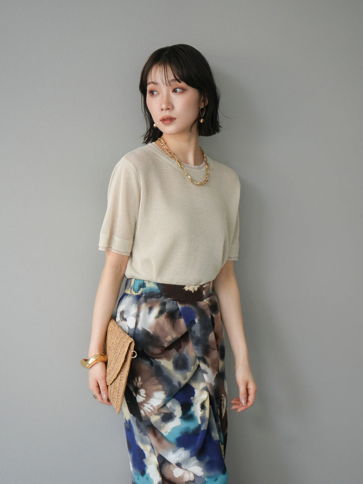 [SET]リネンタッチ配色二重臼ハーフニットトップス+選べるアソート柄スカートセット(2set)