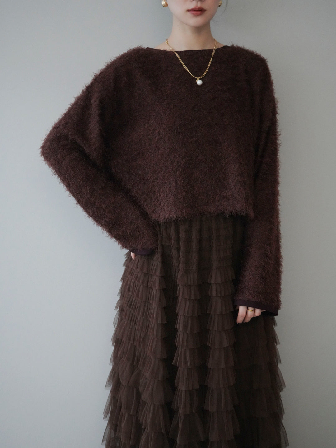 [予約]バイカラー2WAYシャギーニットカーディガン/brown