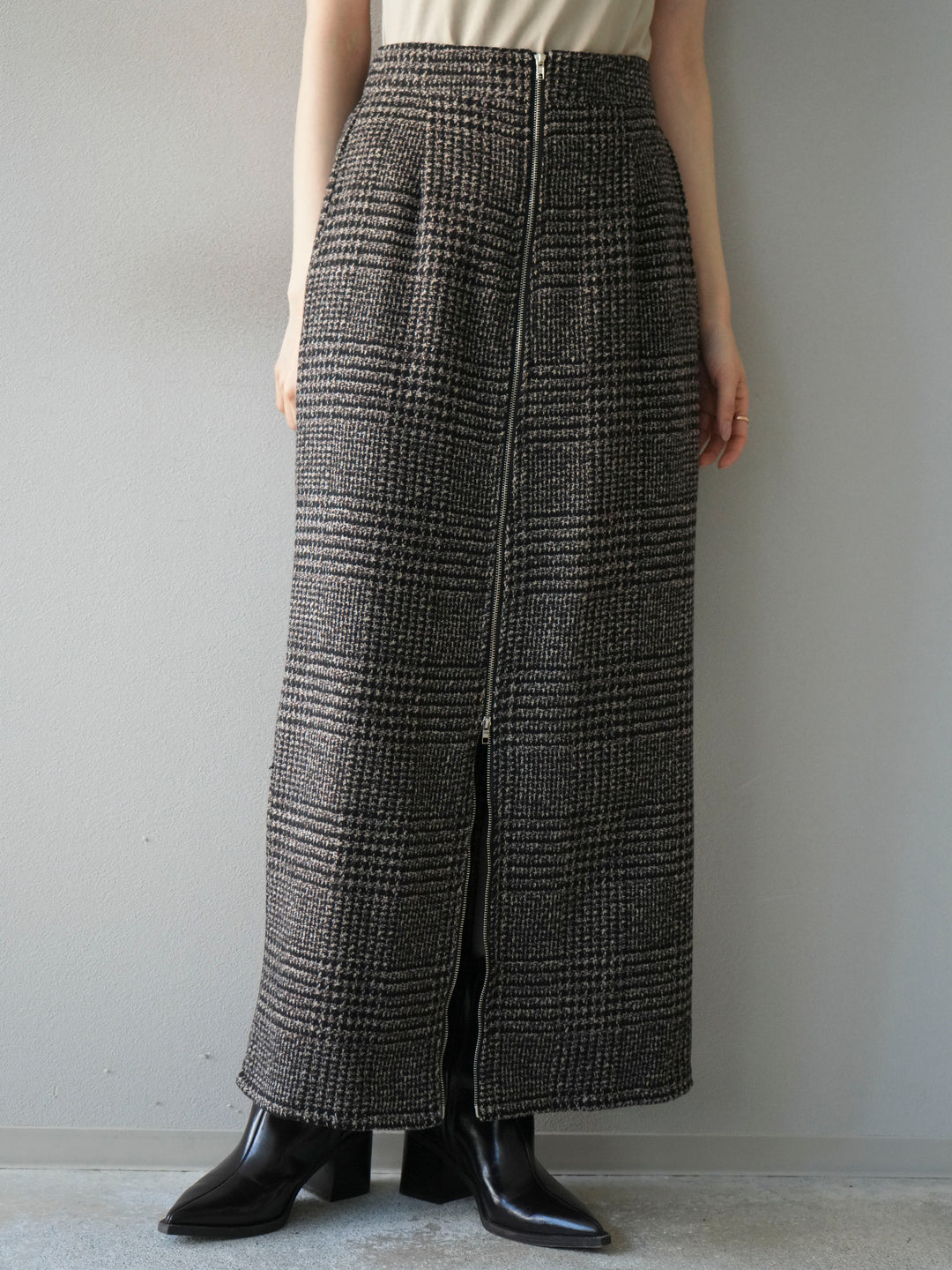 [予約]ツイードジップタイトスカート/brown