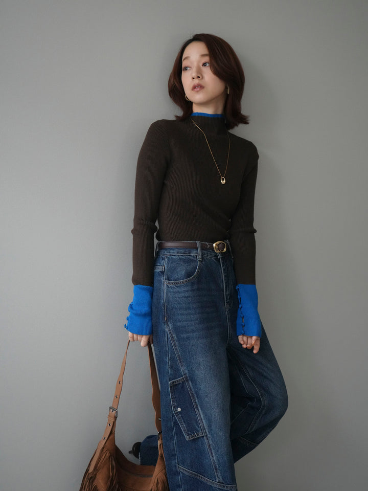 [予約]袖ボタンハイネック配色リブニットトップス/brown