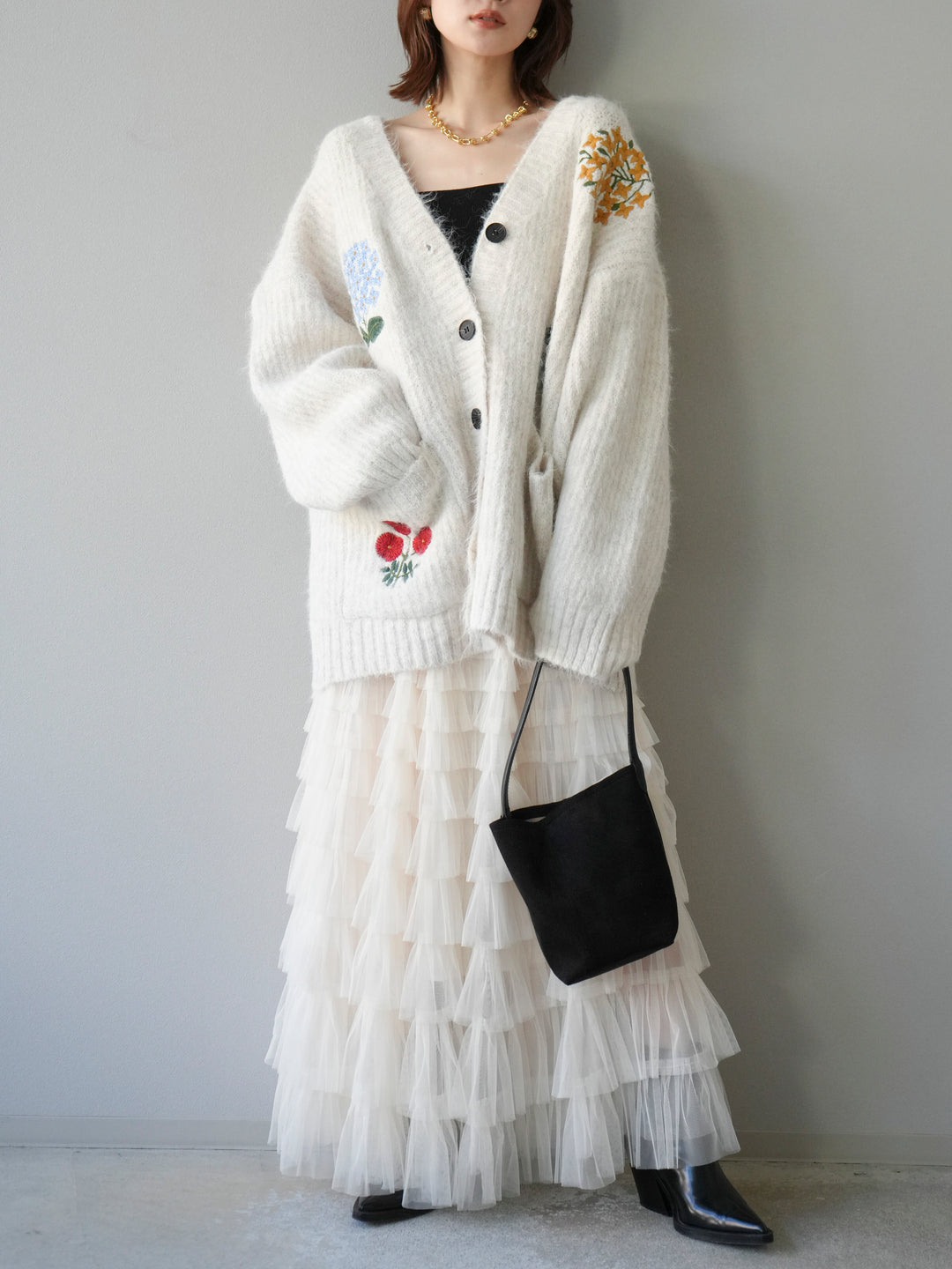 [SET] 花朵刺繡V領寬鬆針織開襟衫 + 薄紗層疊裙 (2套)