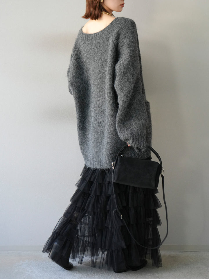 [SET] 花朵刺繡V領寬鬆針織開襟衫 + 薄紗層疊裙 (2套)