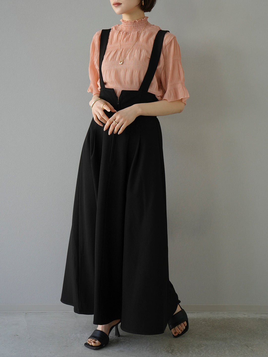 [SET] Shirring chiffon half sleeve blouse + 2WAY flare jumper skirt (2set)