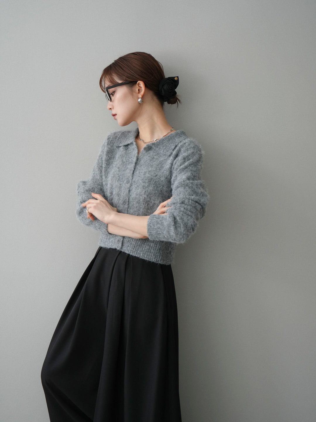 [SET]モヘア衿付きボタンプルオーバー+テープベルトタックバギーパンツ(2set)