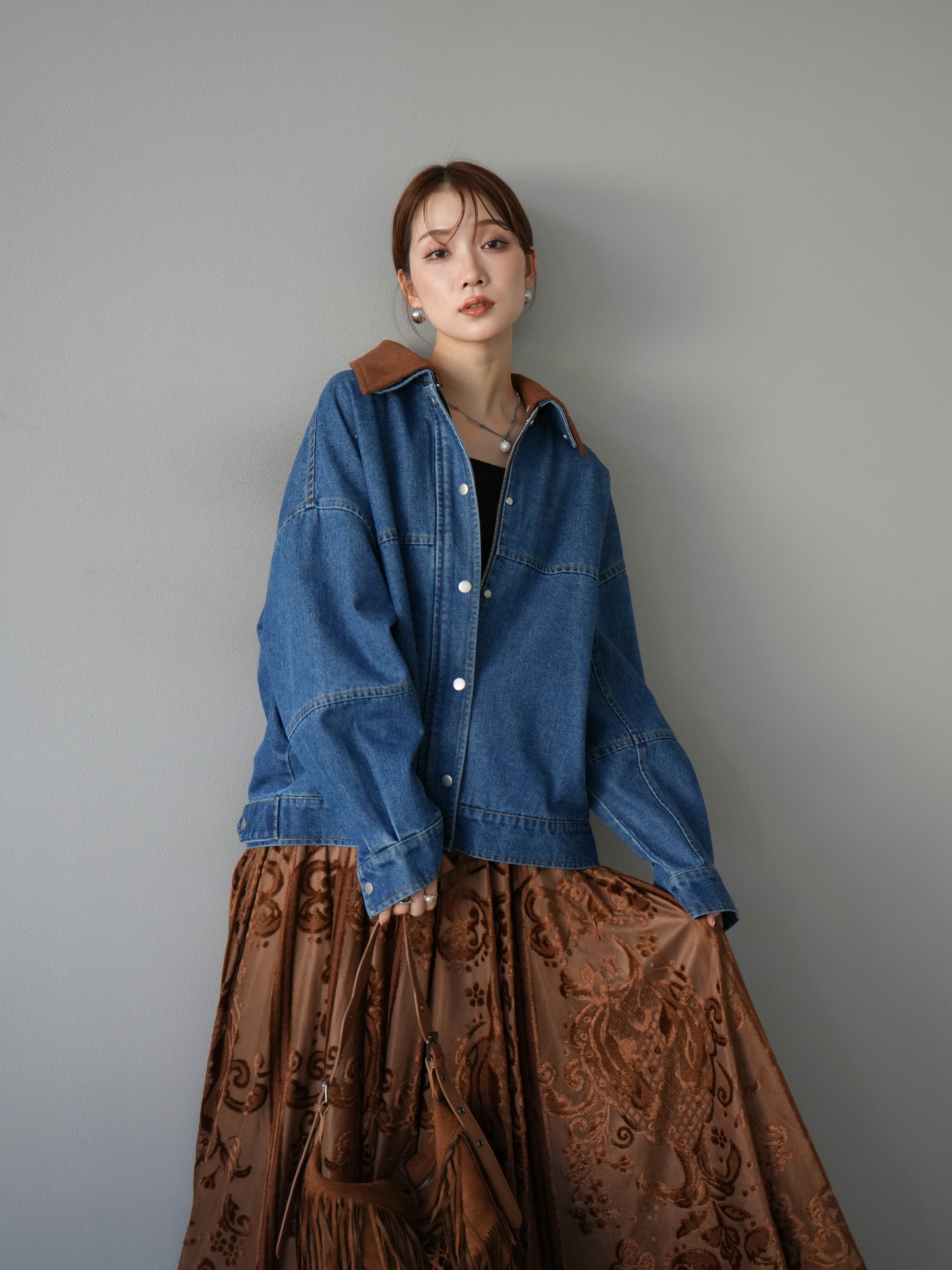 予約]スウェード襟切替デニムブルゾン/ブルー – Lumier