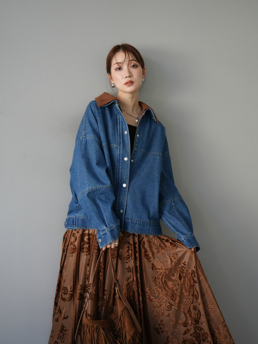 [予約]スウェード襟切替デニムブルゾン/ブルー