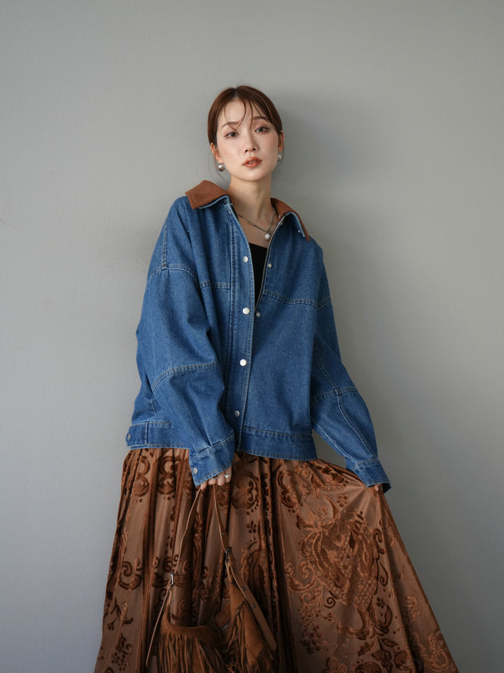 [予約]スウェード襟切替デニムブルゾン/ブルー