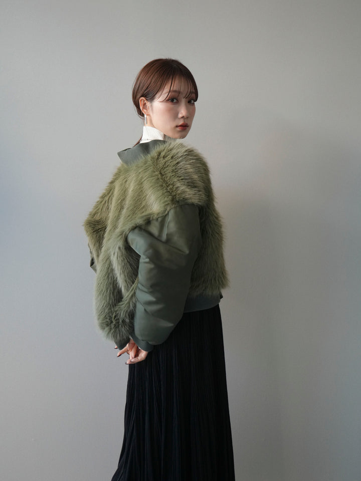 [SET]ファードッキングMA-1+袖ボタンボトルネックリブニットトップス+裾レーススウェードプリーツマキシスカート(3set)