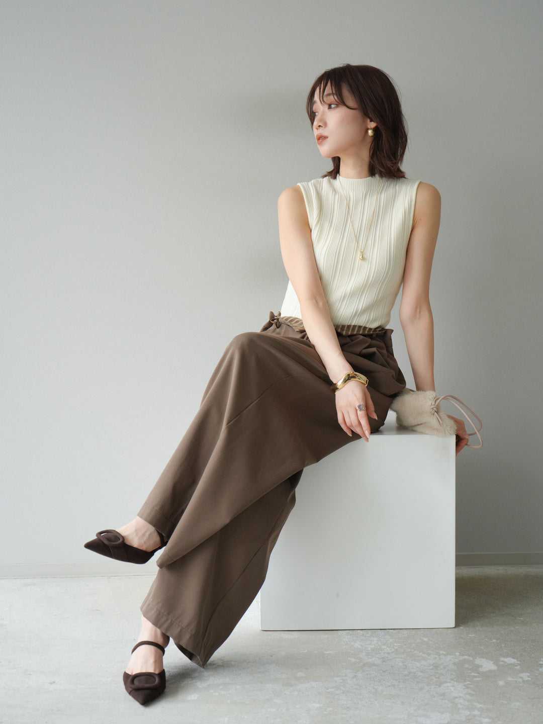 [予約]スリーブレスランダムリブニットトップス/アイボリー