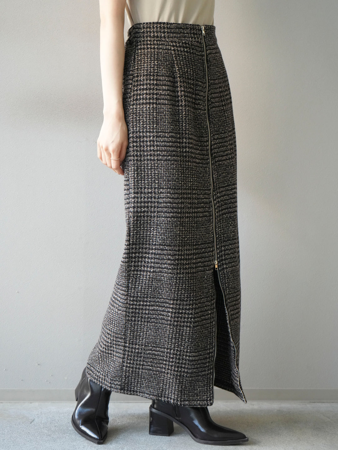 [予約]ツイードジップタイトスカート/brown