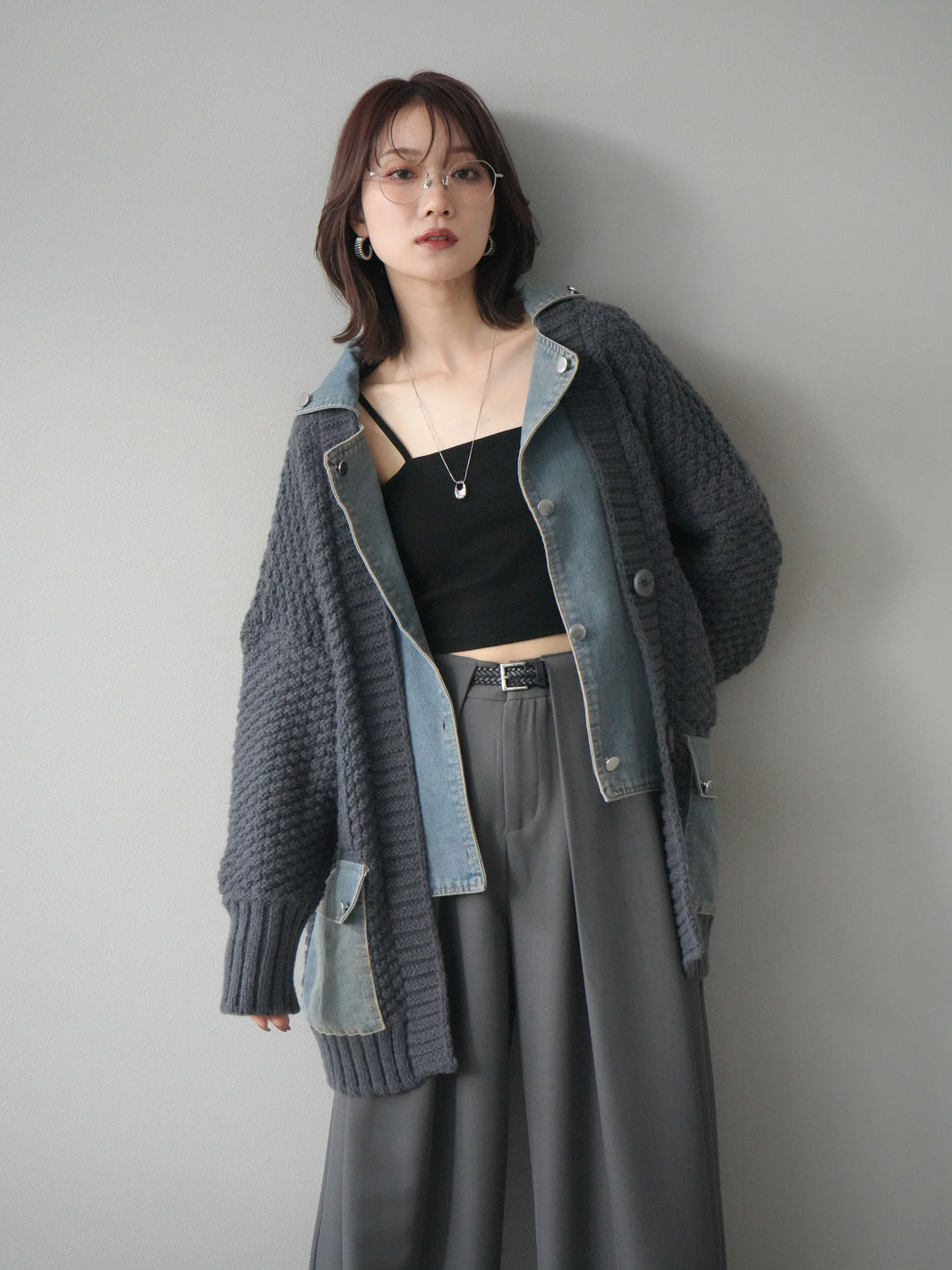 [SET]デニム襟レイヤードニットジャケット+ベルトループデザインワイドパンツ(2set)