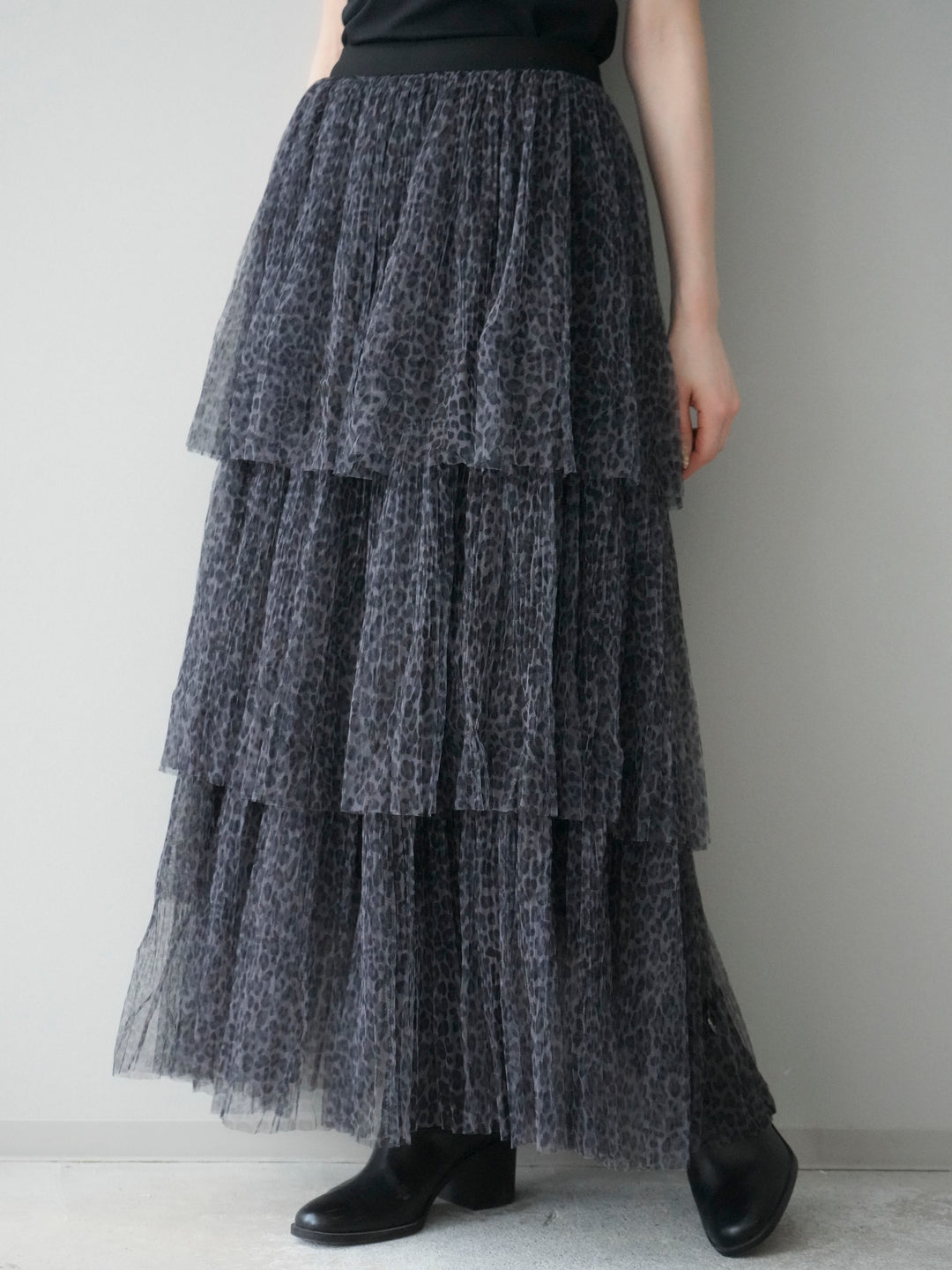 [予約]レオパード柄チュールフリルスカート/gray
