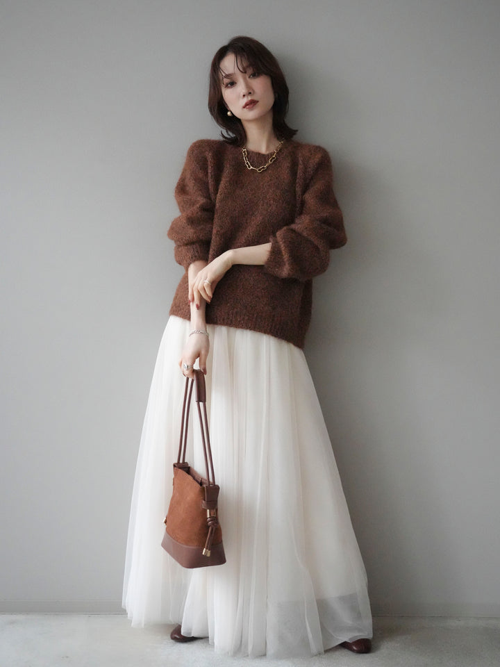 [SET]ロゴラベルミックスヤーンニットプルオーバー+チュールボリュームスカート(2set)