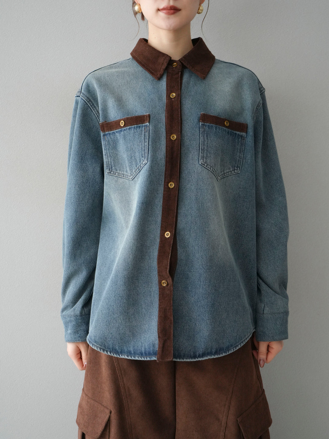 [予約]裏起毛コーデュロイ襟デニムシャツジャケット/ blue