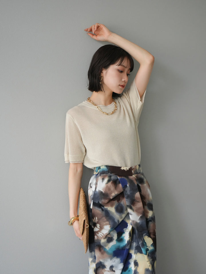 [SET]リネンタッチ配色二重臼ハーフニットトップス+選べるアソート柄スカートセット(2set)