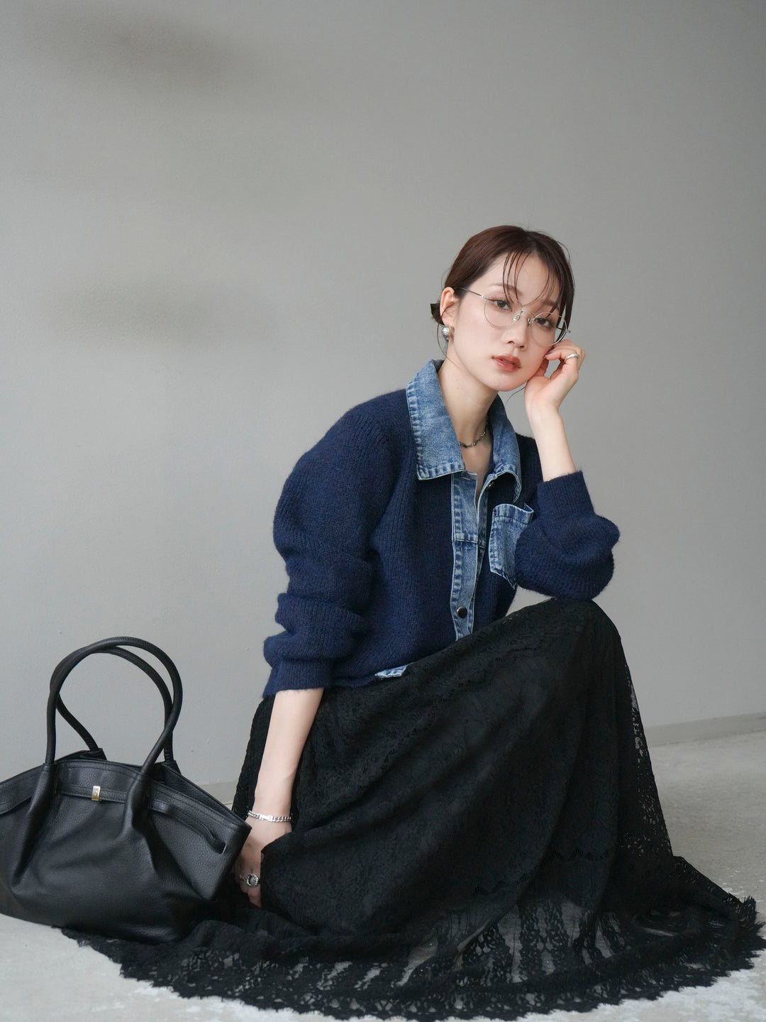 [予約]デニム襟ポケットニットカーディガン/navy