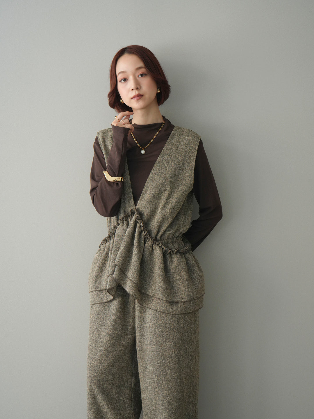 [SET]3WAYミックスツイードギャザーオールインワン+シアープチネックストレッチトップス(2set)