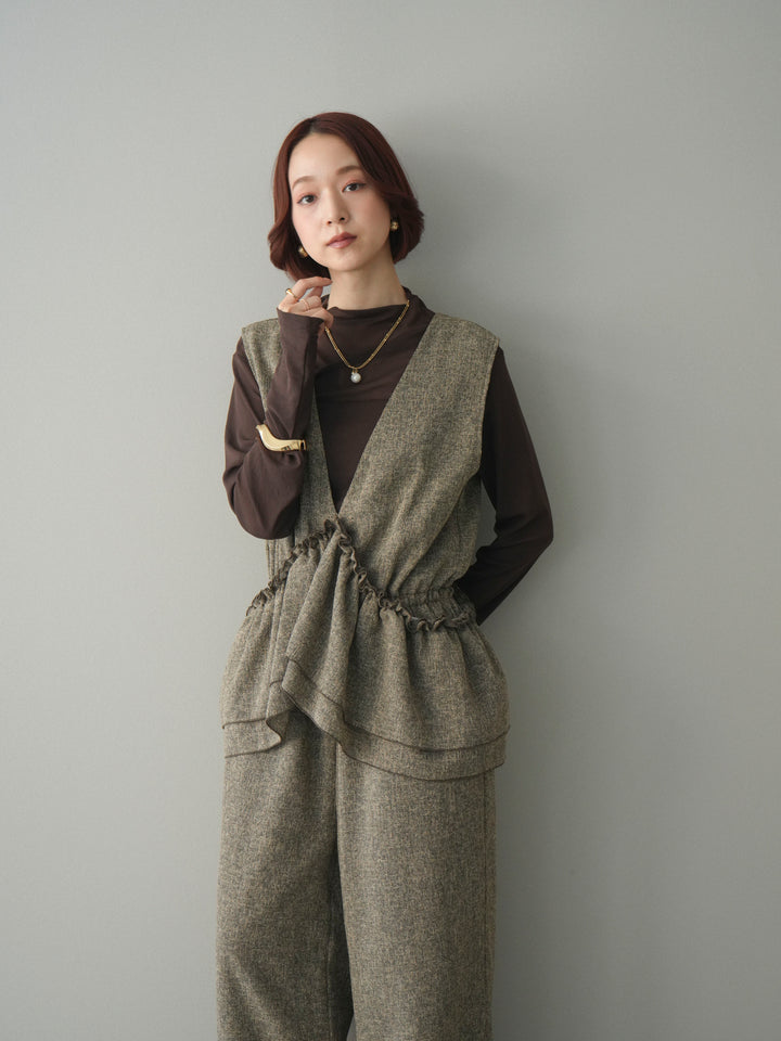 [SET]3WAYミックスツイードギャザーオールインワン+シアープチネックストレッチトップス(2set)