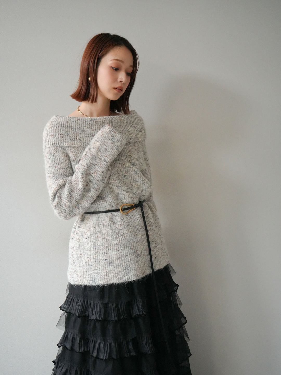 [予約]ミックスヤーンオフショルルーズニットプルオーバー/ベージュ