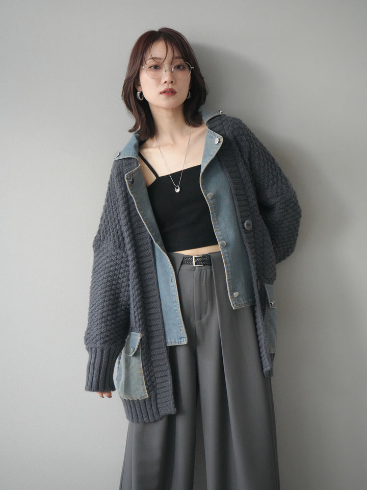 [SET]デニム襟レイヤードニットジャケット+デニム襟レイヤードニットジャケット(2set)