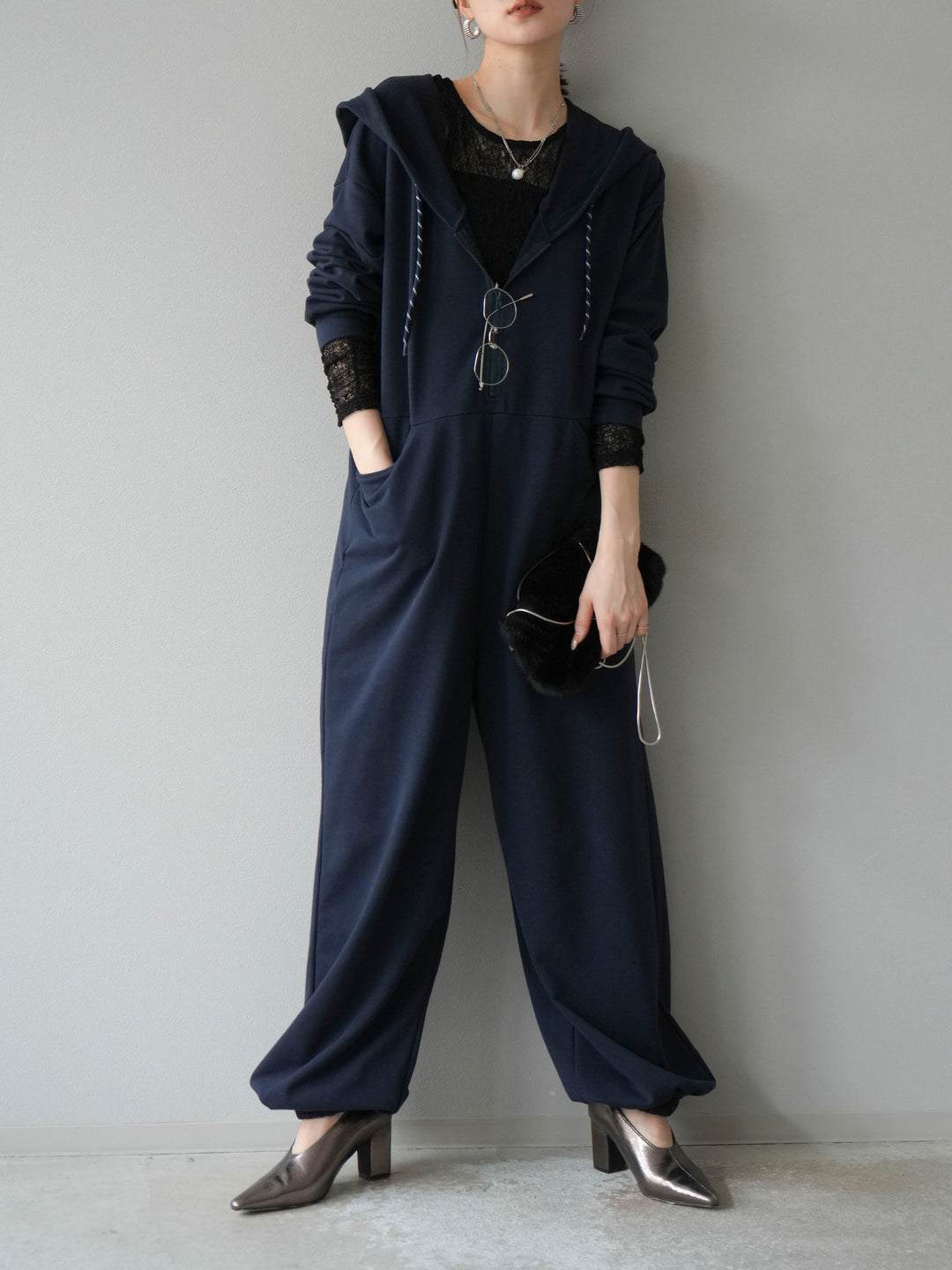 [予約]ミニ裏毛フーディージャンプスーツ/ダークネイビー