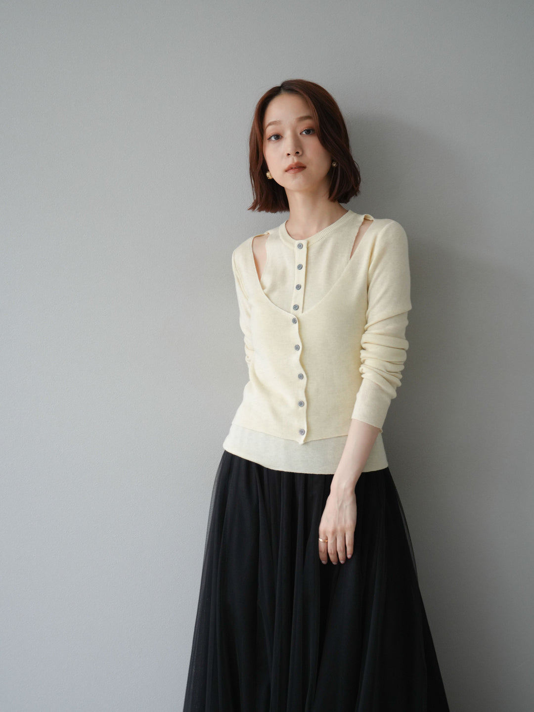 [予約]レイヤードデザインニットカーディガン/アイボリー