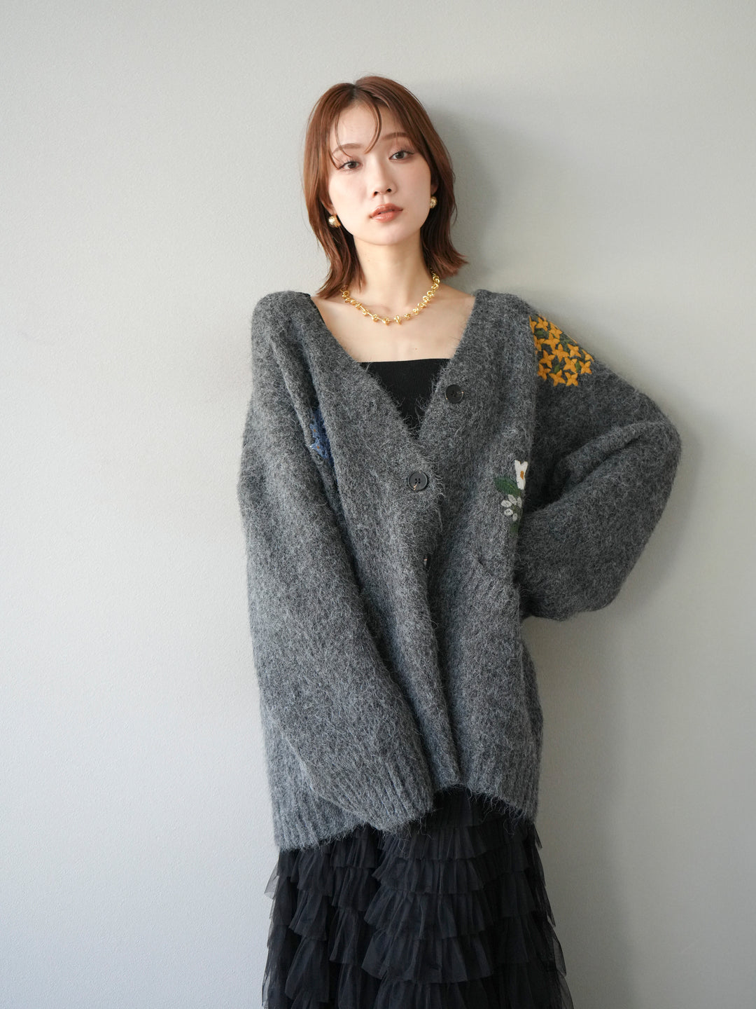 [SET] 花朵刺繡V領寬鬆針織開襟衫 + 薄紗層疊裙 (2套)