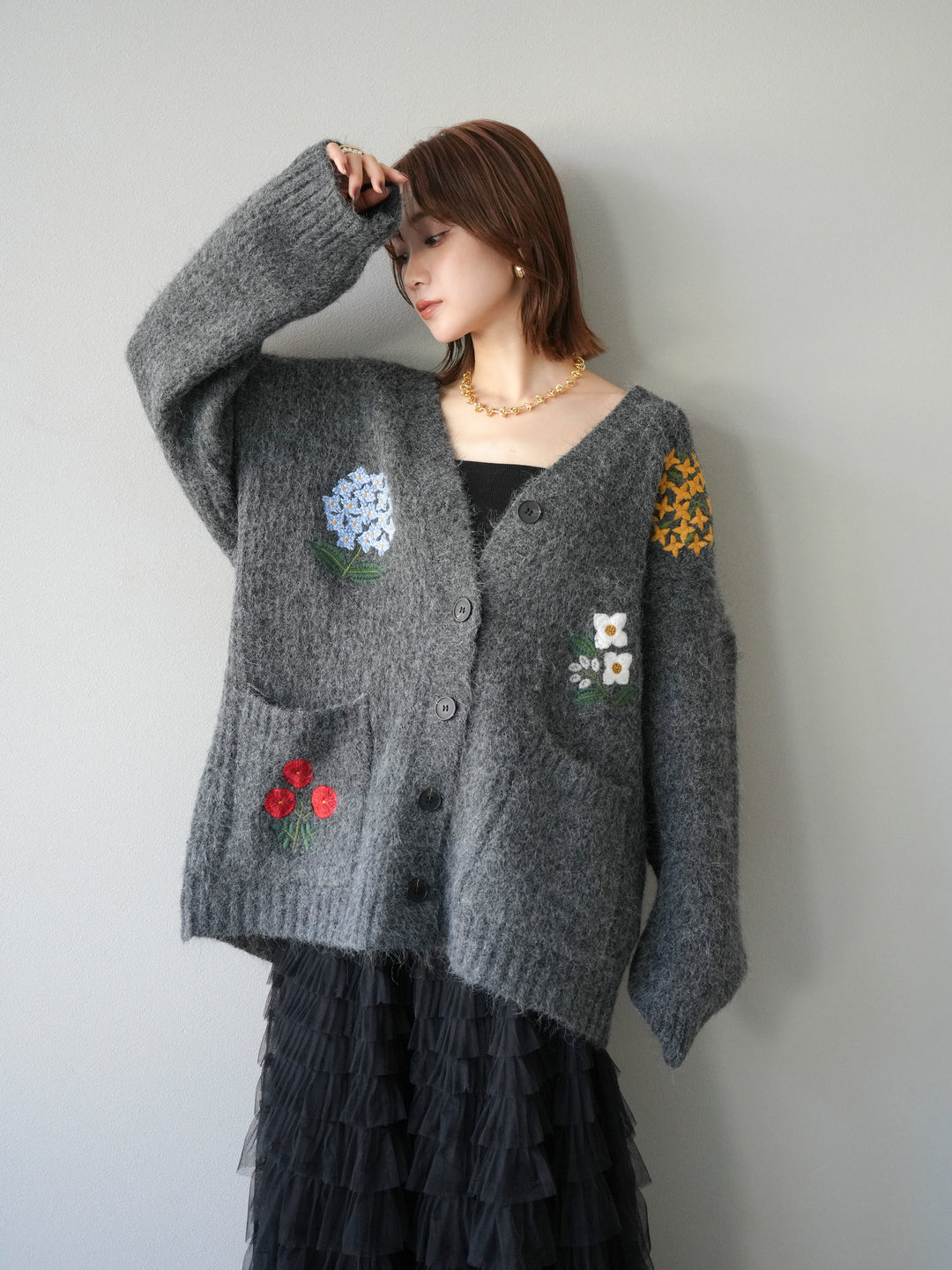 [SET] 花朵刺繡V領寬鬆針織開襟衫 + 薄紗層疊裙 (2套)