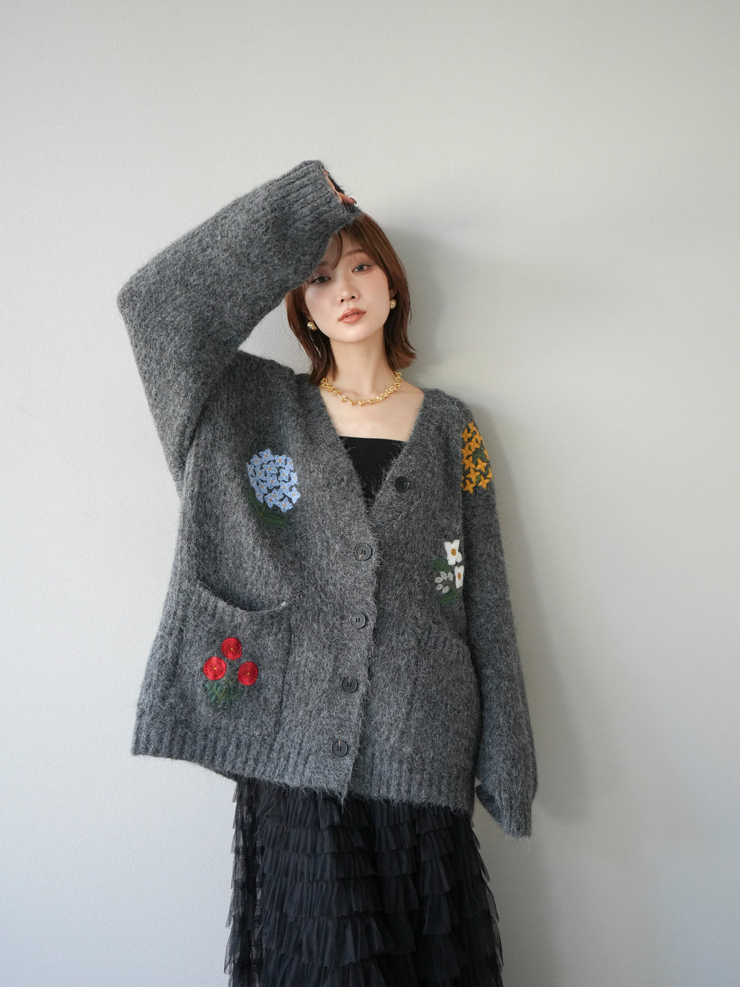 [SET] 花朵刺繡V領寬鬆針織開襟衫 + 薄紗層疊裙 (2套)