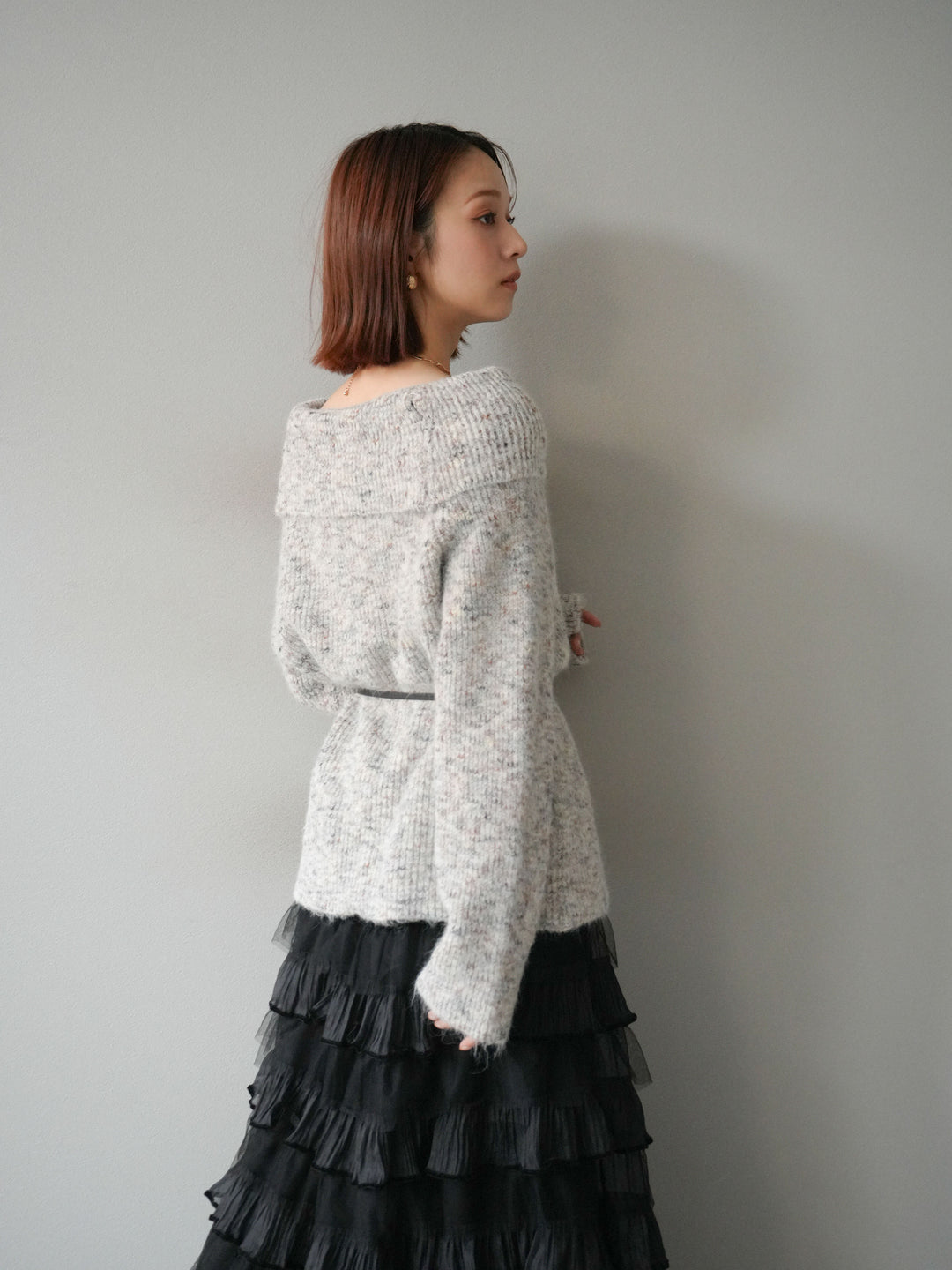 [予約]ミックスヤーンオフショルルーズニットプルオーバー/ベージュ