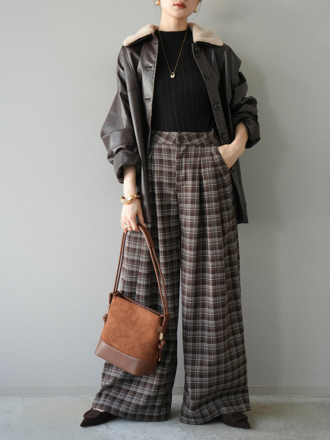 [予約]襟ボアレザーブルゾン/ブラウン