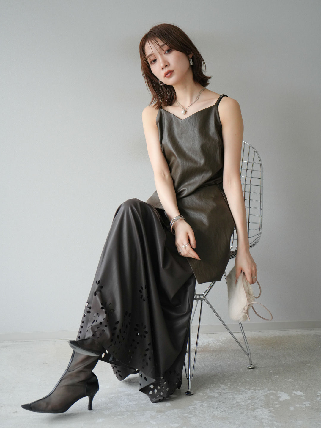 [予約]レイヤードレザーキャミソールチュニック/ブラウン