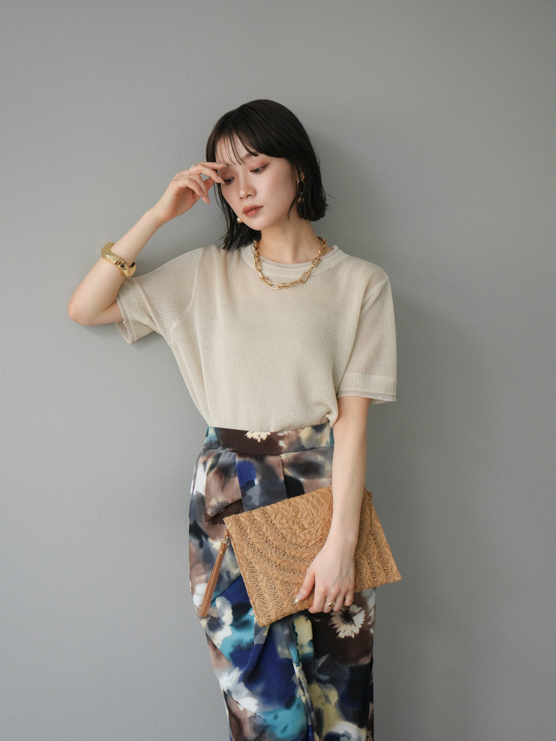 [SET]リネンタッチ配色二重臼ハーフニットトップス+選べるアソート柄スカートセット(2set)