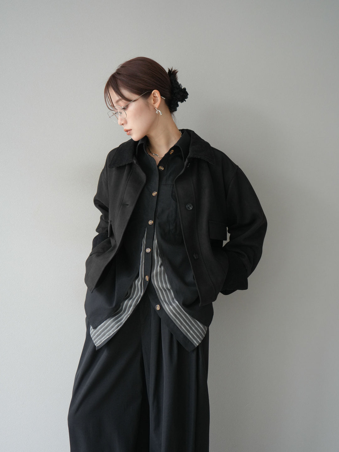 [予約]コーデュロイ切替スウェードショートジャケット/ブラック