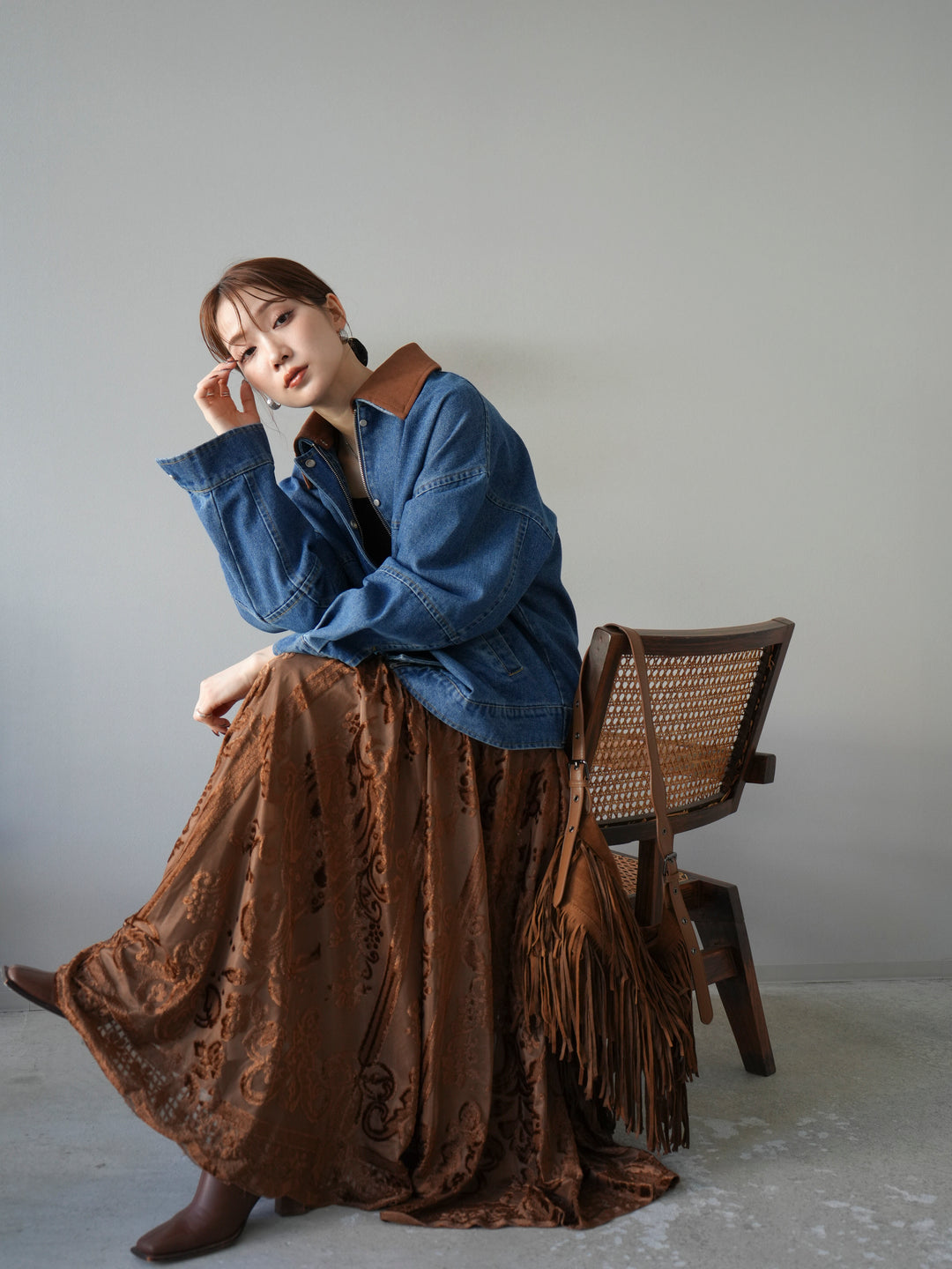 [予約]スウェード襟切替デニムブルゾン/ブルー