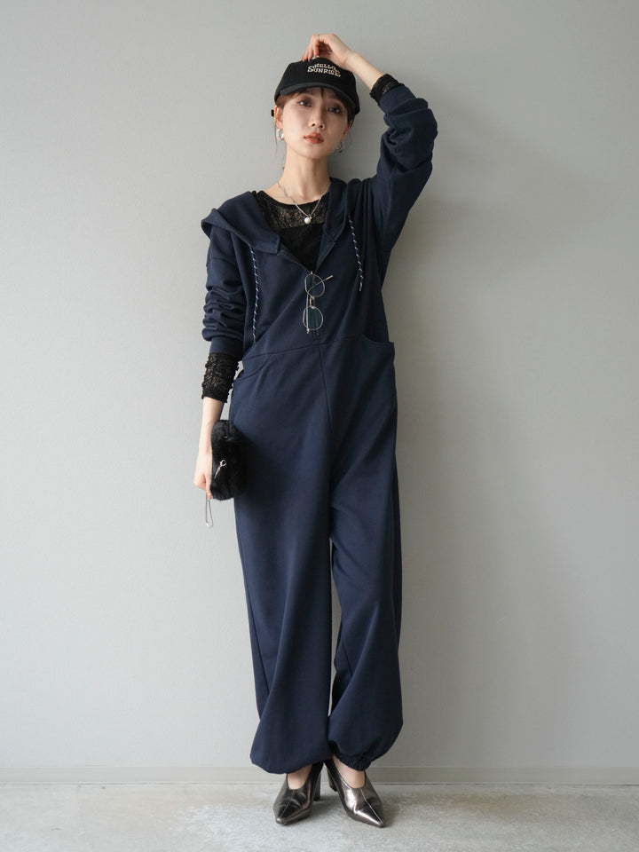 [予約]ミニ裏毛フーディージャンプスーツ/ダークネイビー