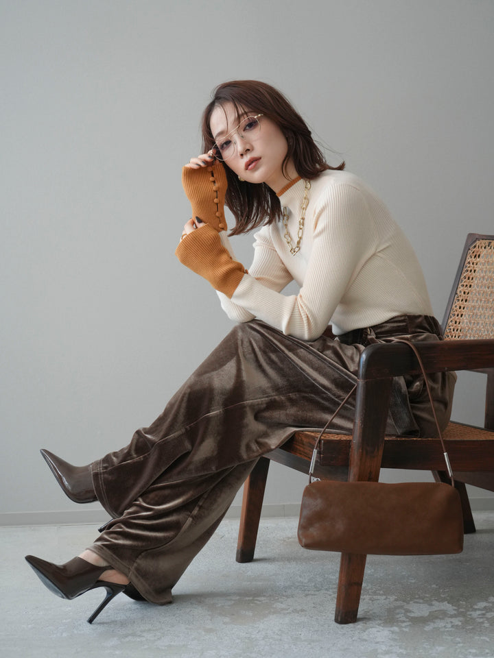 [SET]袖ボタンハイネック配色リブニットトップス+ベロアベルトスリムパンツ(2set)