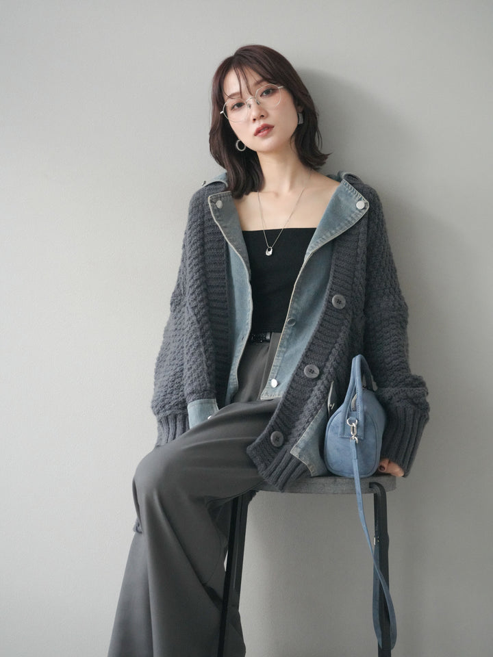 [SET]デニム襟レイヤードニットジャケット+ベルトループデザインワイドパンツ(2set)