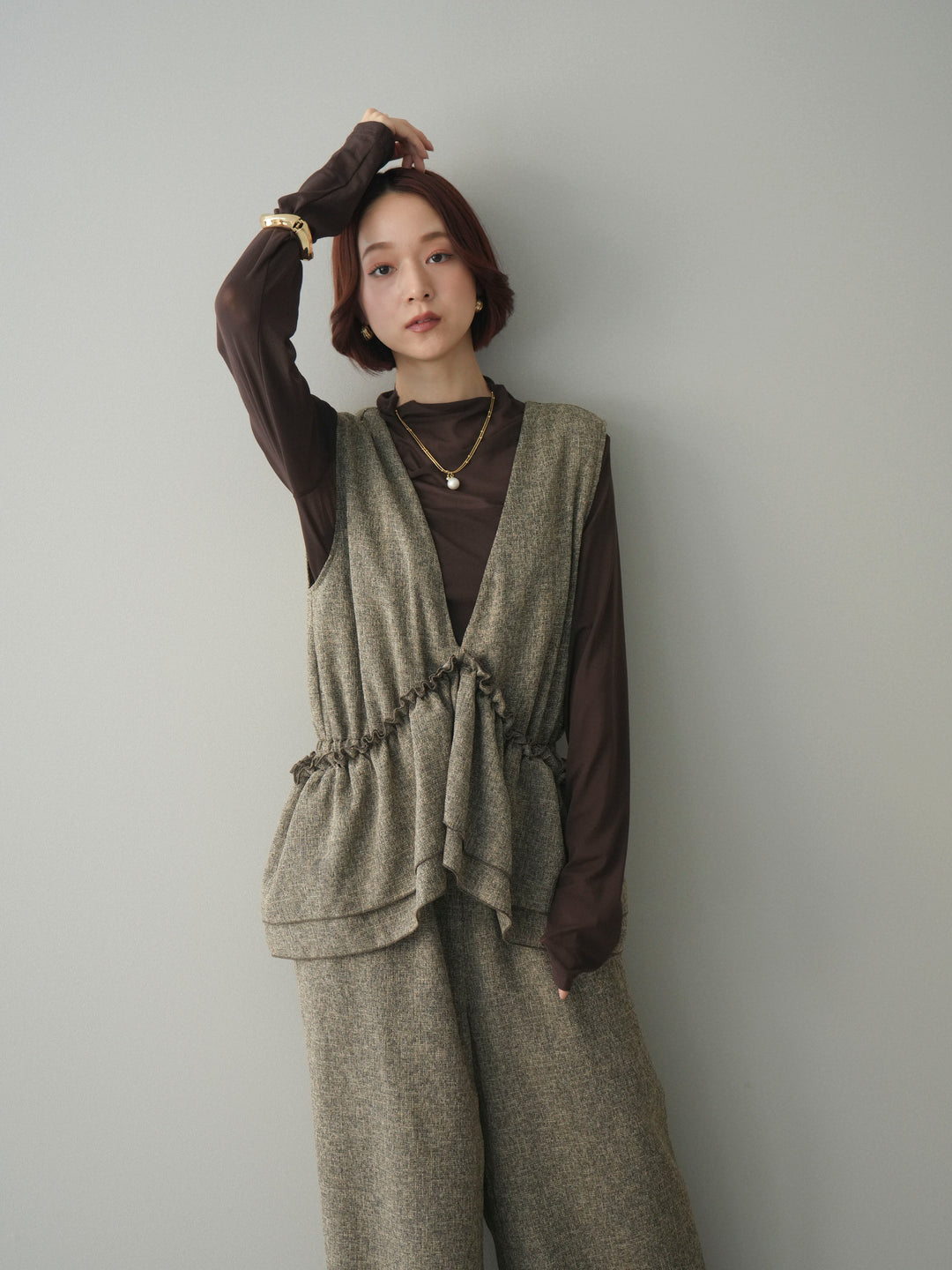 [SET]3WAYミックスツイードギャザーオールインワン+シアープチネックストレッチトップス(2set)