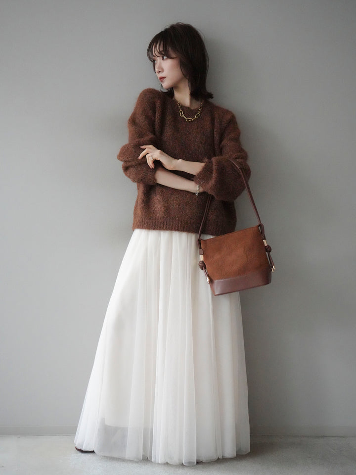 [SET]ロゴラベルミックスヤーンニットプルオーバー+チュールボリュームスカート(2set)