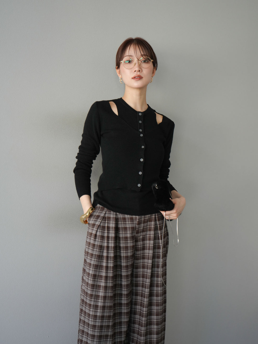 [予約]レイヤードデザインニットカーディガン/ブラック