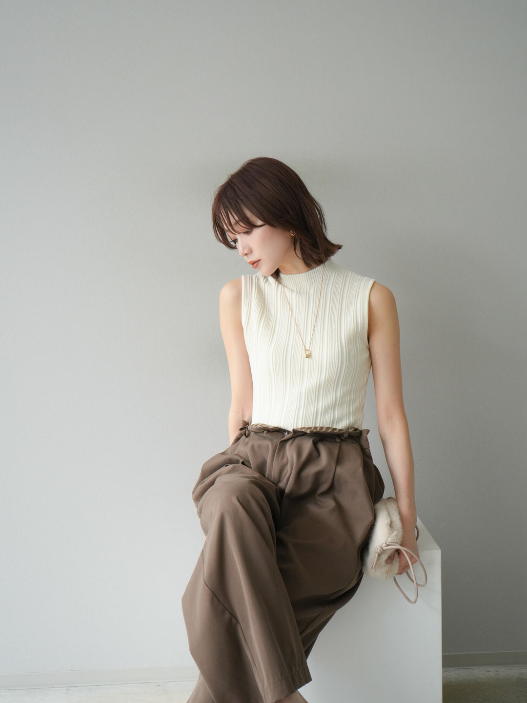 [予約]スリーブレスランダムリブニットトップス/アイボリー