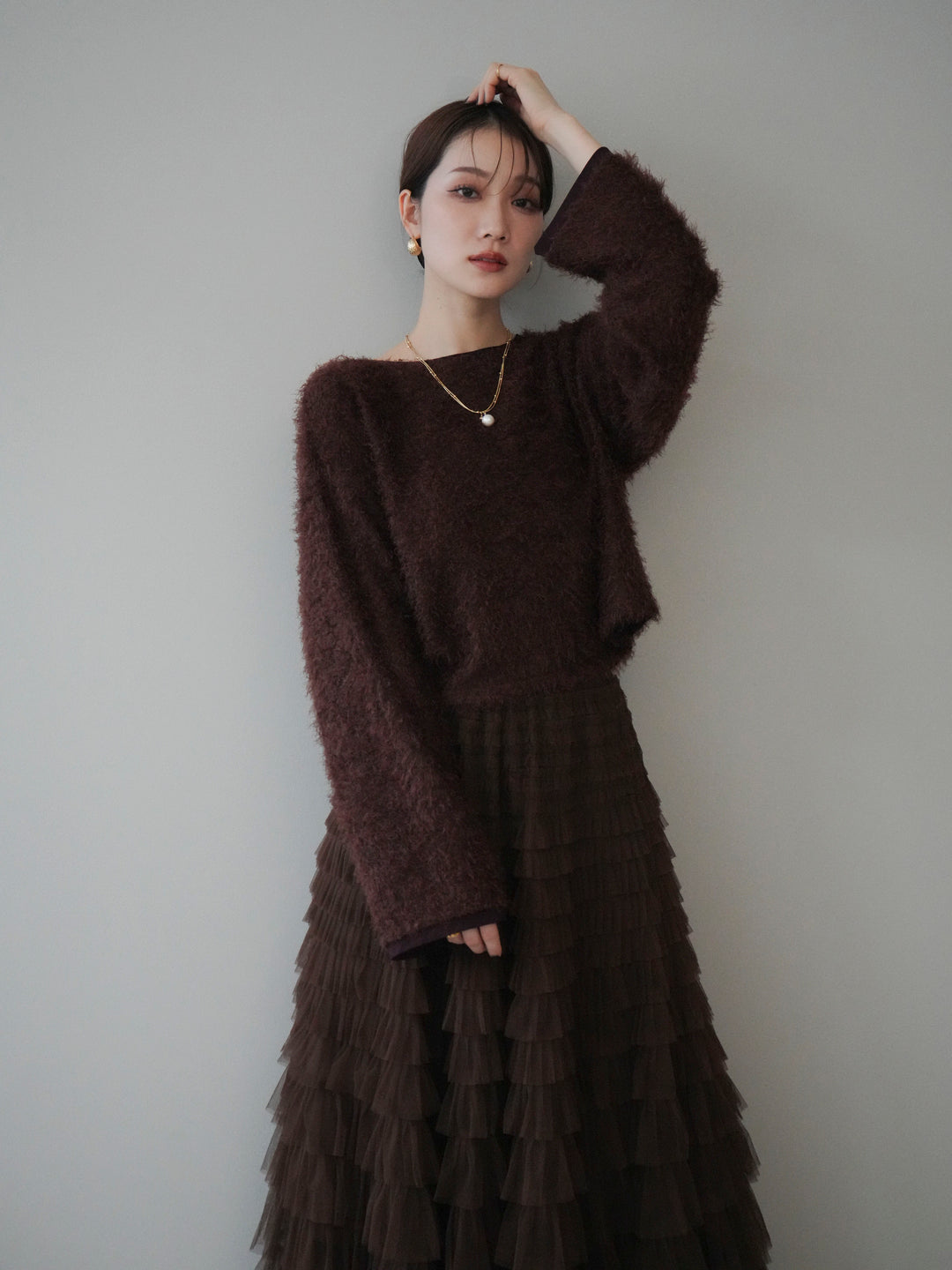 [予約]バイカラー2WAYシャギーニットカーディガン/brown