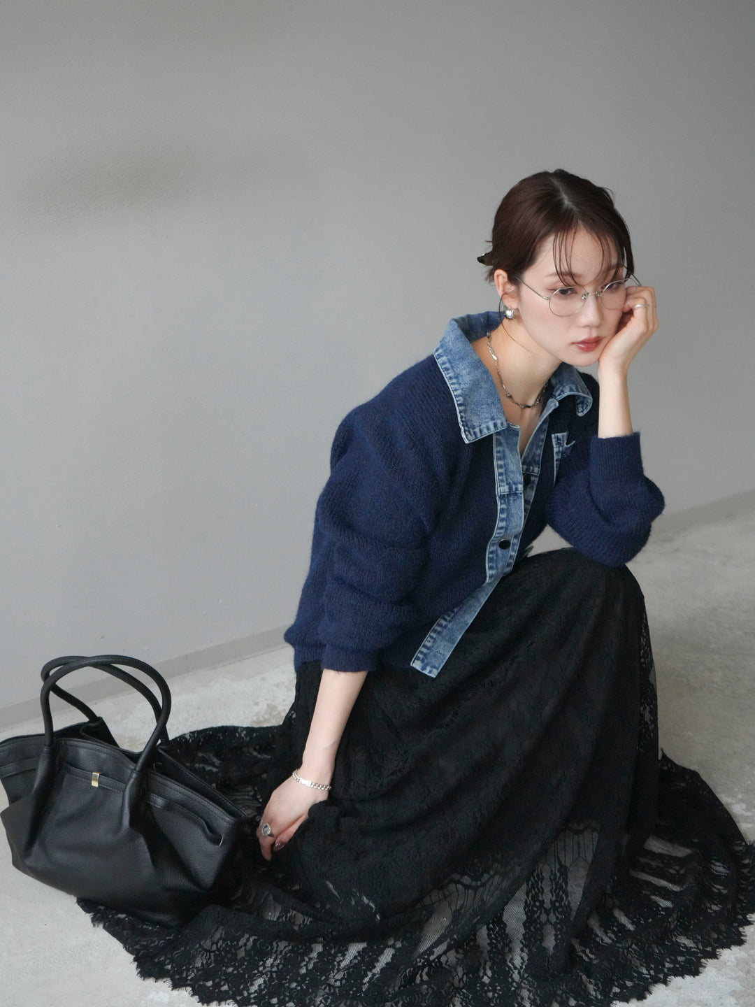 [予約]デニム襟ポケットニットカーディガン/navy