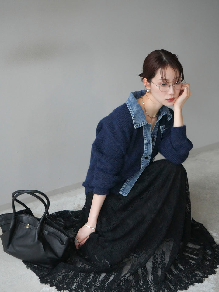 [予約]デニム襟ポケットニットカーディガン/navy