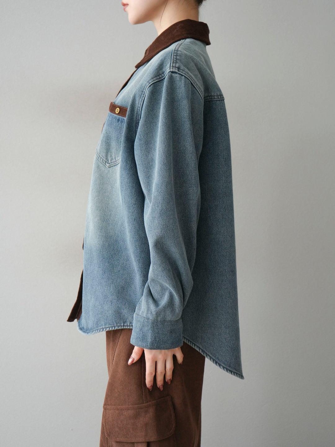 [予約]裏起毛コーデュロイ襟デニムシャツジャケット/ blue