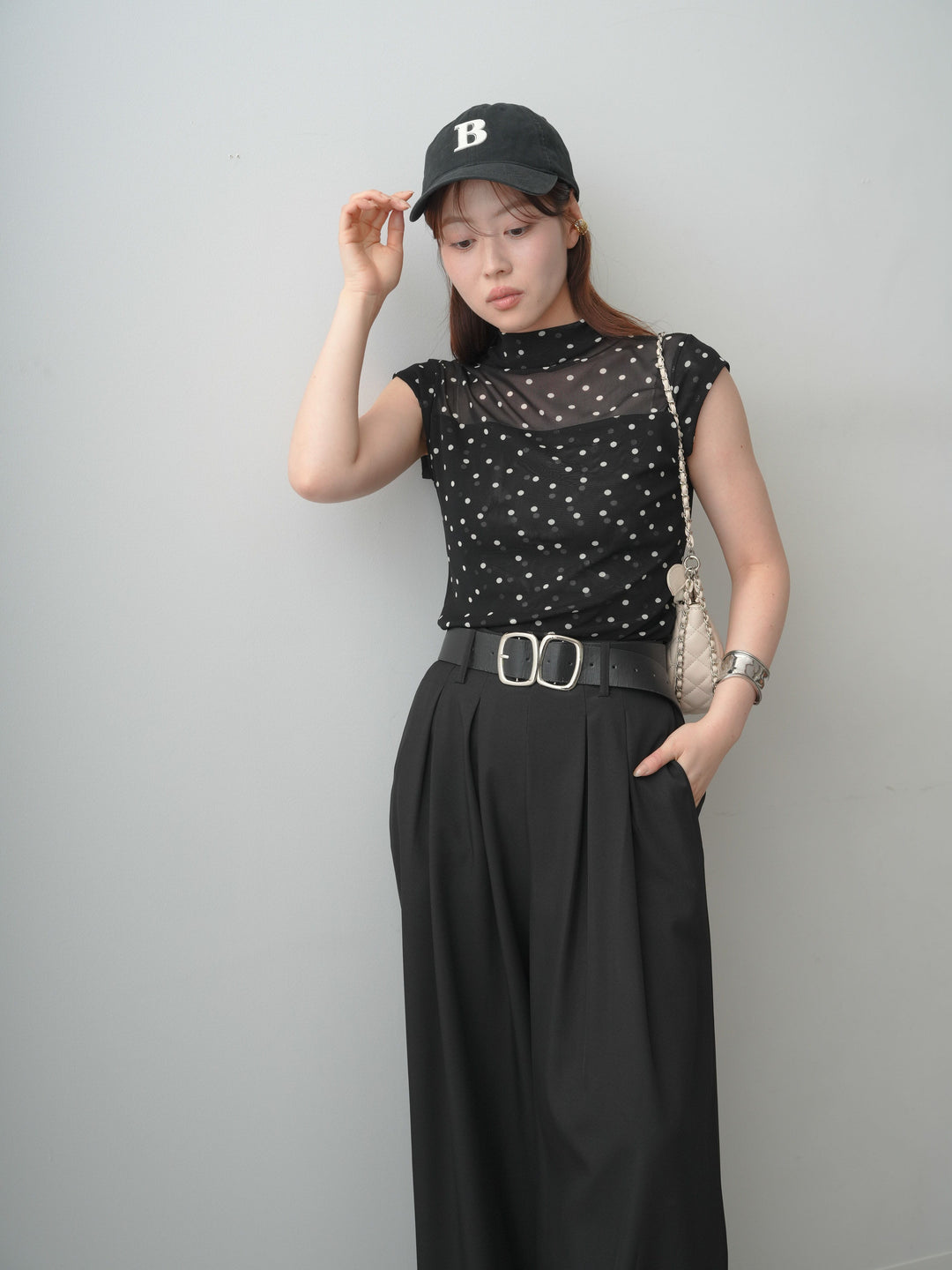 [SET]プチネックドットシアートップス+ダブルバックルベルト付ワイドパンツ(2set)